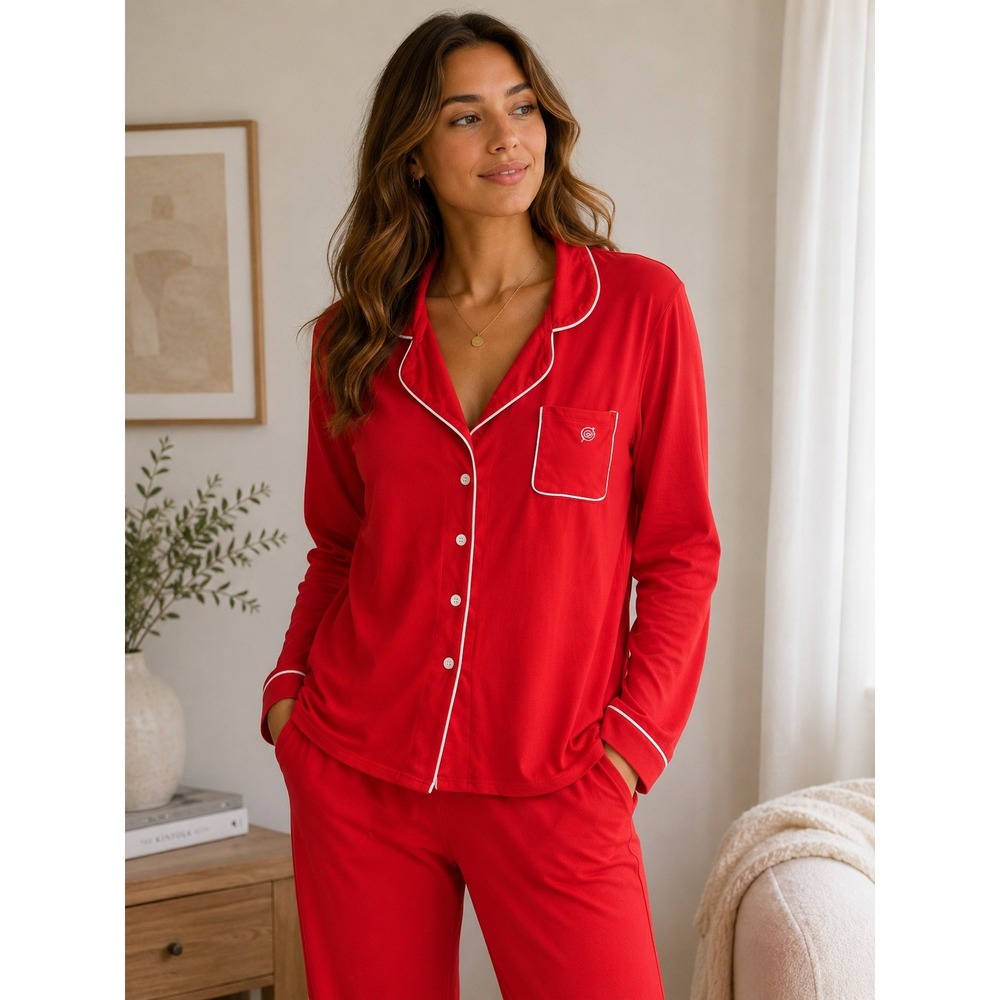 Born Womens Red Pajama Set XL Long Sleeve Button Down Contrast Piping PJs